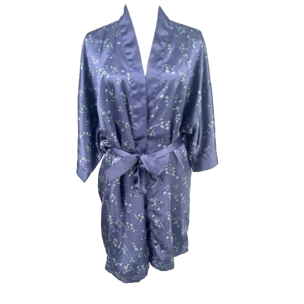 Vanity Fair Satin Blue Floral Robe Size Large Belted Cottage Lounge Feminine